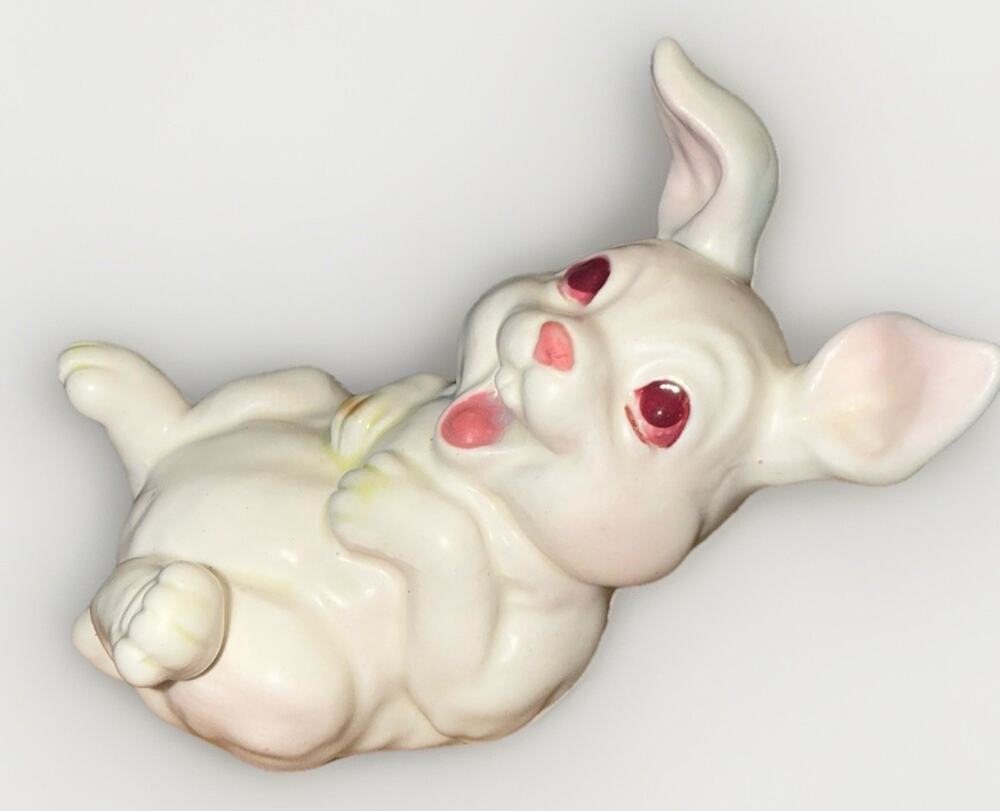 Vintage Lefton Laughing Porcelain White Red Pink Eyes Bunny Rabbit 4x3”